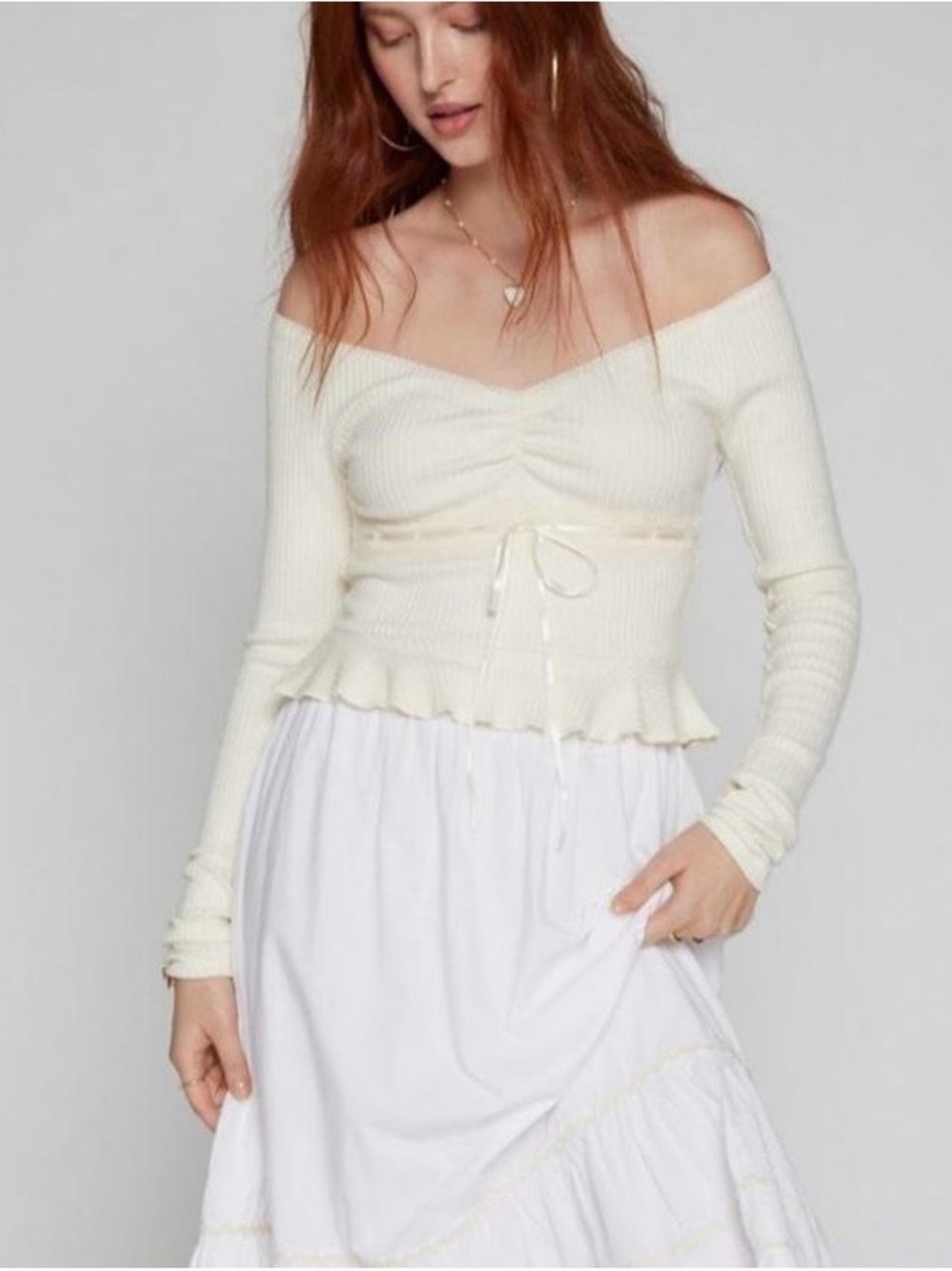 Kimchi Blue Cream Off-the-Shoulder Ribbed Peplum Sweater